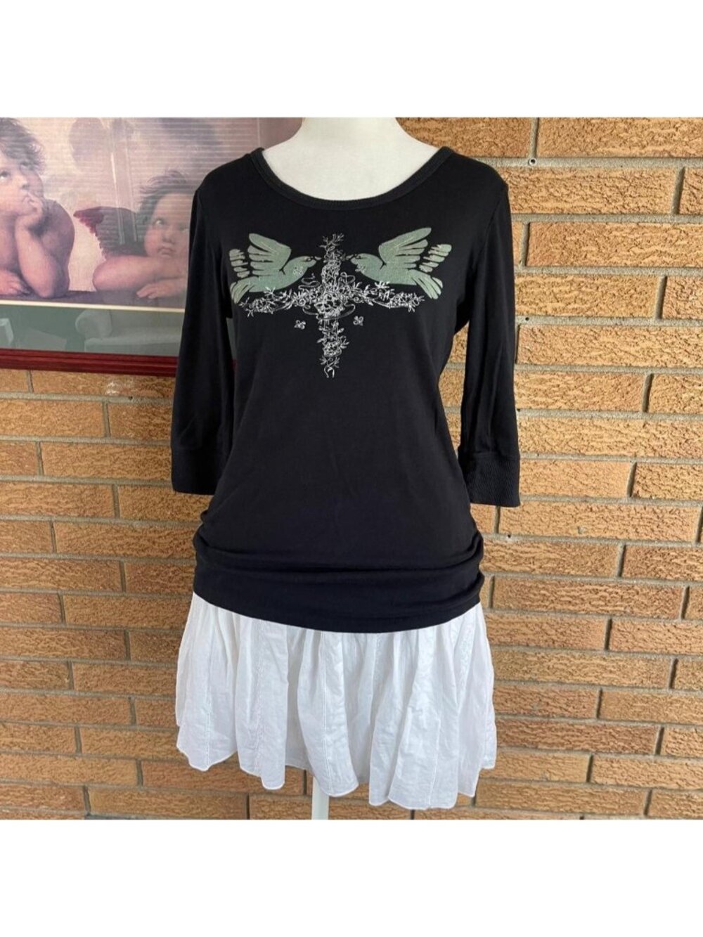 2000s Jade Jeans black cotton top with green bird graphic and cross design
